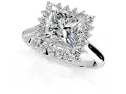 Starburst Halo Engagement Ring Setting for Princess Cut Center with Thin Round-Wire Band and Prong Head in Sterling Silver