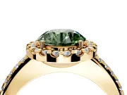 Pave Halo Engagement Ring Setting for Fancy Green Round Cut Center with Single Row Pave Band and Prong Head in Yellow Gold