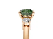3 Stone Engagement Ring Setting for Fancy Green Cushion Cut Center with Wide Plain Band and Prong Head in Rose Gold