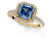 Halo Engagement Ring Setting for Fancy Blue Asscher Cut Center with Inner Milgrain Border and Prong Head in Yellow Gold