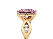 Solitaire Engagement Ring Setting for Fancy Pink Radiant Cut Center with Accented Twist Band and Leaf Prong Head in Yellow Gold