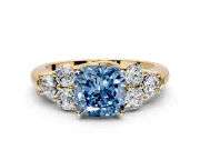 Cluster Engagement Ring Setting for Fancy Blue Cushion Cut Center with Round Cut Accent Frame and Prong Head in Yellow Gold