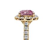 Halo Engagement Ring Setting for Fancy Pink Cushion Cut Center with Raised Halo, Pave Band and Prong Head in Yellow Gold