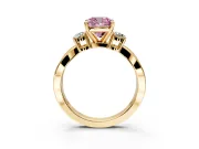 3 Stone Engagement Ring Setting for Fancy Pink Cushion Cut Center with Pave Twist Band and Prong Head in Yellow Gold
