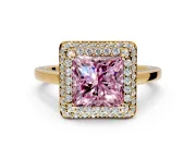 Halo Engagement Ring Setting for Fancy Pink Princess Cut Center with Plain Tapered Band and Prong Head in Yellow Gold