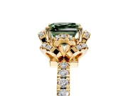 Halo Engagement Ring Setting for Fancy Green Asscher Cut Center with Openwork Halo, Pave Band and Prong Head in Yellow Gold