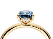 Hidden Halo Engagement Ring Setting for Fancy Blue Emerald Cut Center with Thin Rounded Band and Prong Head in Yellow Gold