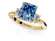 3 Stone Engagement Ring Setting for Fancy Blue Radiant Cut Center with Wide Plain Band and Prong Head in Yellow Gold