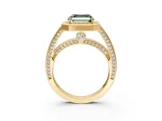 Halo Engagement Ring Setting for Fancy Green Asscher Cut Center with Framed Halo, Pave Band and Prong Head in Yellow Gold