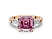 3 Stone Engagement Ring Setting for Fancy Pink Asscher Cut Center with Tapered Baguettes, Plain Band and Prong Head in Rose Gold