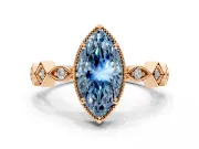 Milgrain Bezel Engagement Ring Setting for Fancy Blue Marquise Center with Marquise Stations and Bezel Head in Rose Gold