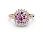 Starburst Halo Engagement Ring Setting for Fancy Pink Round Cut Center with Thin Round-Wire Band and Prong Head in Rose Gold