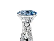3 Stone Engagement Ring Setting for Fancy Blue Oval Center with Pave Split Shank and Prong Head in Platinum