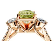 3 Stone Engagement Ring Setting for Fancy Yellow Radiant Cut Center with Crossover Basket, Pave Band and Prong Head in Rose Gold