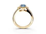 Milgrain Halo Engagement Ring Setting for Fancy Blue Cushion Cut Center with Three-Sided Pave Band and Prong Head in Yellow Gold
