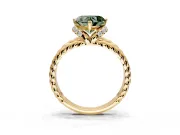 Halo Engagement Ring Setting for Fancy Green Heart-Shaped Center with Rope Twist Split Shank and Prong Head in Yellow Gold