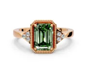 Cluster Engagement Ring Setting for Fancy Green Emerald Cut Center with Milgrain Shoulder Clusters and Prong Head in Rose Gold