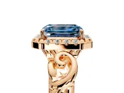 Halo Engagement Ring Setting for Fancy Blue Emerald Cut Center with Open Scroll Shoulders and Prong Head in Rose Gold