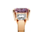3 Stone Engagement Ring Setting for Fancy Pink Emerald Cut Center with Matching Side Accents and Prong Head in Rose Gold