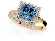 Starburst Halo Engagement Ring Setting for Fancy Blue Cushion Cut Center with Flat Cathedral Band and Prong Head in Yellow Gold