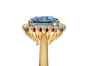 Starburst Halo Engagement Ring Setting for Fancy Blue Radiant Cut Center with Thin Round-Wire Band and Prong Head in Yellow Gold