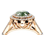 Double Halo Engagement Ring Setting for Fancy Green Oval Center with Narrow Pave Split Shank and Prong Head in Rose Gold