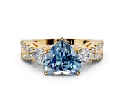 3 Stone Engagement Ring Setting for Fancy Blue Heart-Shaped Center with Pave Split Shank and Prong Head in Yellow Gold