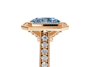 Halo Engagement Ring Setting for Fancy Blue Radiant Cut Center with Milgrain Pave Band and Bezel Head in Rose Gold
