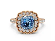 Milgrain Floral Halo Engagement Ring Setting for Fancy Blue Cushion Cut Center with Pave Band and Prong Head in Rose Gold
