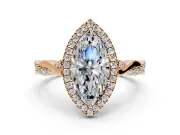Halo Engagement Ring Setting for Marquise Center with Twist Band and Prong Head in Rose Gold