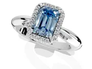 Halo Engagement Ring Setting for Fancy Blue Emerald Cut Center with Tapered Plain Band and Prong Head in Sterling Silver