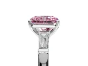 3 Stone Engagement Ring Setting for Fancy Pink Radiant Cut Center with Tapered Baguettes, Plain Band and Prong Head in White Gold