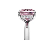 Hidden Halo Engagement Ring Setting for Fancy Pink Princess Cut Center with Thin Rounded Band and Prong Head in Platinum