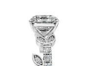 Leaf Motif Engagement Ring Setting for Asscher Cut Center with Pave Band and Prong Head in White Gold