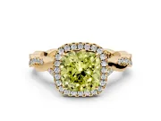 Halo Engagement Ring Setting for Fancy Yellow Cushion Cut Center with Twist Band and Prong Head in Yellow Gold