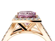 Halo Engagement Ring Setting for Fancy Pink Princess Cut Center with Narrow Pave Split Shank and Prong Head in Rose Gold
