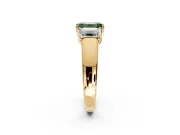 3 Stone Engagement Ring Setting for Fancy Green Emerald Cut Center with Raised Basket Heads and Prong Head in Yellow Gold