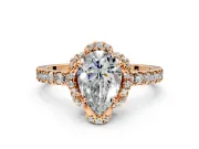 Halo Engagement Ring Setting for Pear-Shaped Center with Openwork Halo, Pave Band and Prong Head in Rose Gold