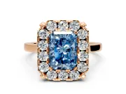 Single Halo Engagement Ring Setting for Fancy Blue Radiant Cut Center with Corner Claws, Plain Band and Prong Head in Rose Gold