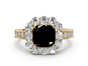 Halo Engagement Ring Setting for Fancy Black Cushion Cut Center with Milgrain Channel Band and Prong Head in Yellow Gold