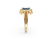 Solitaire Engagement Ring Setting for Fancy Blue Emerald Cut Center with Twisted Band and Scroll Prong Head in Yellow Gold