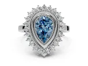 Halo Engagement Ring Setting for Fancy Blue Pear-Shaped Center with Milgrain Bezel Rim, Plain Band and Prong Head in Platinum