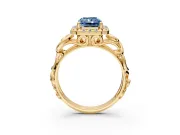 Halo Engagement Ring Setting for Fancy Blue Radiant Cut Center with Open Scroll Shoulders and Prong Head in Yellow Gold