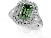 Double Halo Engagement Ring Setting for Fancy Green Emerald Cut Center with Narrow Pave Split Shank and Prong Head in White Gold