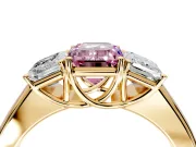 3 Stone Engagement Ring Setting for Fancy Pink Emerald Cut Center with Raised Basket Heads and Prong Head in Yellow Gold