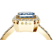 Halo Engagement Ring Setting for Fancy Blue Asscher Cut Center with Inner Milgrain Border and Prong Head in Yellow Gold