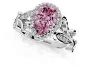Halo Engagement Ring Setting for Fancy Pink Pear-Shaped Center with Leaf Motif Split Shank and Prong Head in Sterling Silver