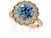 Milgrain Floral Halo Engagement Ring Setting for Fancy Blue Round Cut Center with Pave Band and Prong Head in Yellow Gold