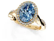 Halo Engagement Ring Setting for Fancy Blue Oval Center with Twist Band and Prong Head in Yellow Gold