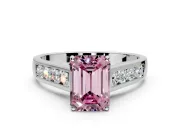 Solitaire Engagement Ring Setting for Fancy Pink Emerald Cut Center with Round Cut Channel Band and Prong Head in White Gold
